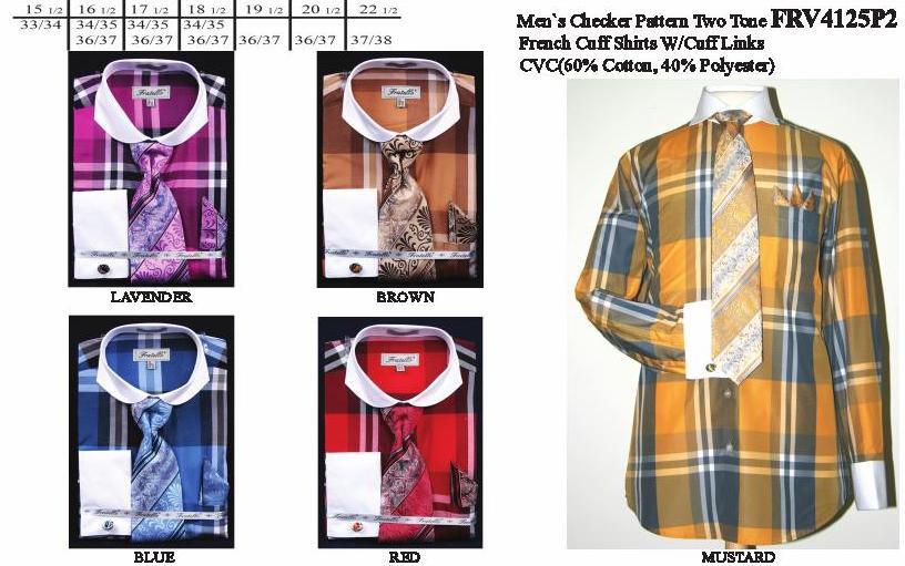 Men's Plaid Dress Shirts with Tie, Hanky, Cufflinks-Men's Dress Shirts-ABC Fashion