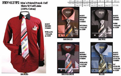 Men's Printed French Cuff Dress Shirts with Tie, Hanky, Cufflinks-Men's Dress Shirts-ABC Fashion