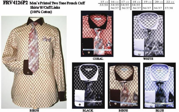 Men's Printed Two Tone French Cuff Dress Shirts with Tie, Hanky, Cufflinks-Men's Dress Shirts-ABC Fashion