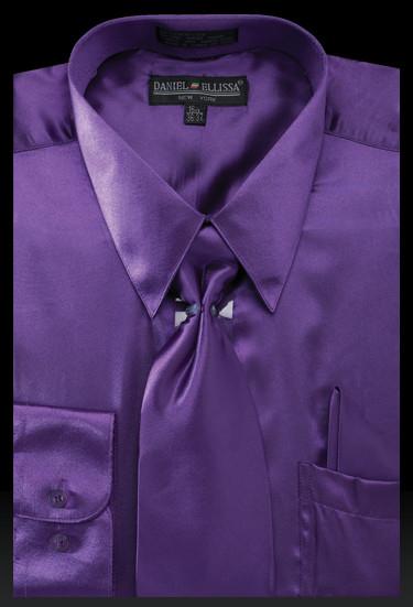 Men's Purple Satin Dress Shirt with Tie & Handkerchief-Men's Dress Shirts-ABC Fashion