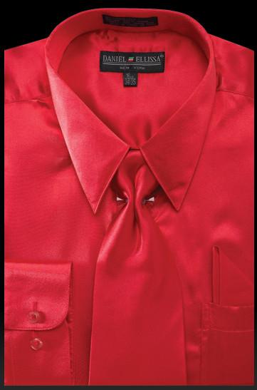 Men's Red Satin Dress Shirt with Tie & Handkerchief-Men's Dress Shirts-ABC Fashion