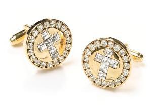 Mens Religious Gold Cufflinks with Cross and Clear Crystals-Men's Cufflinks-ABC Fashion