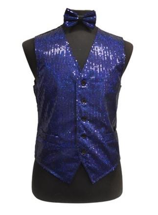 Men's Royal Blue Sequined Vest with Bow Tie-Men's Vests-ABC Fashion