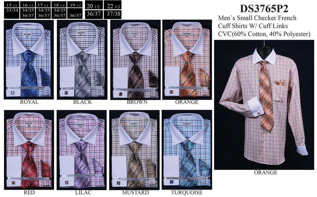 Men's Small Checkered Dress Shirts with Tie, Hanky, Cufflinks-Men's Dress Shirts-ABC Fashion