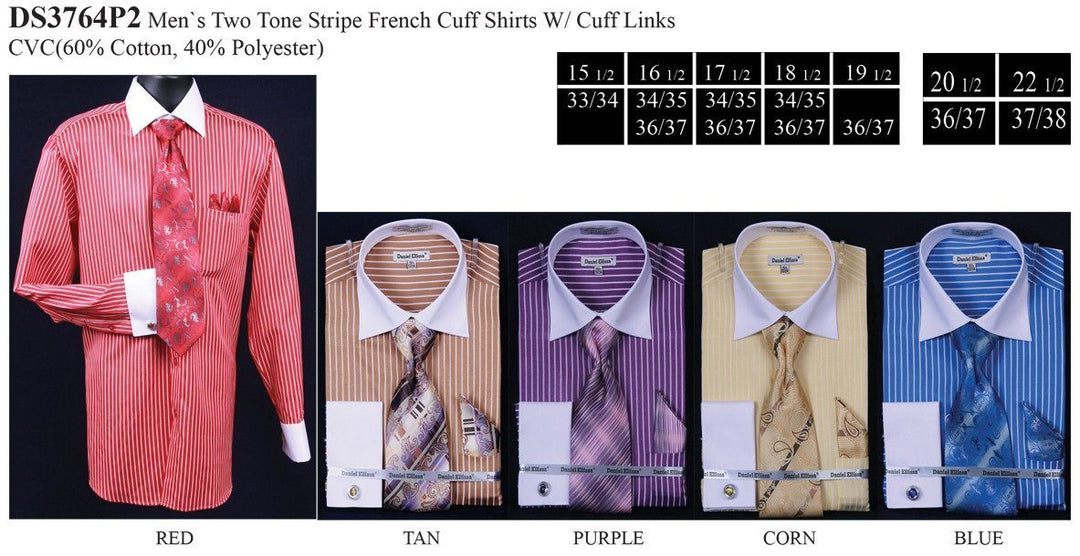 Men's Striped Dress Shirts with Tie, Hanky, Cufflinks-Men's Dress Shirts-ABC Fashion