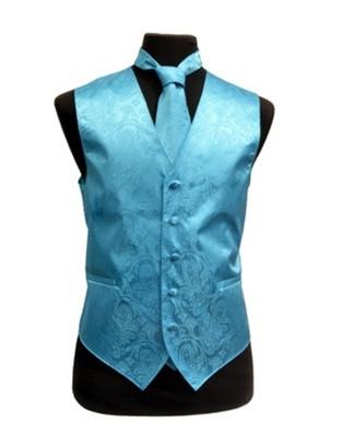 Men's Turquoise Paisley Vest with Neck Tie-Men's Vests-ABC Fashion