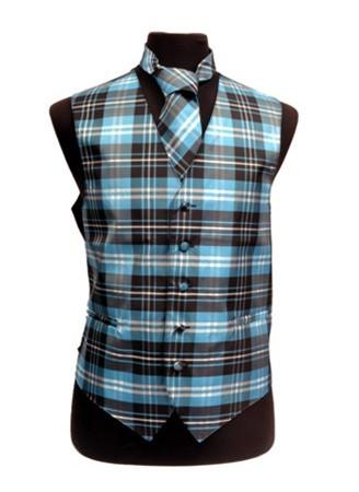 Men's Turquoise Plaid Vest with Neck Tie-Men's Vests-ABC Fashion