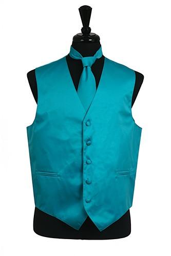 Men's Turquoise Satin Vest with Neck Tie-Men's Vests-ABC Fashion