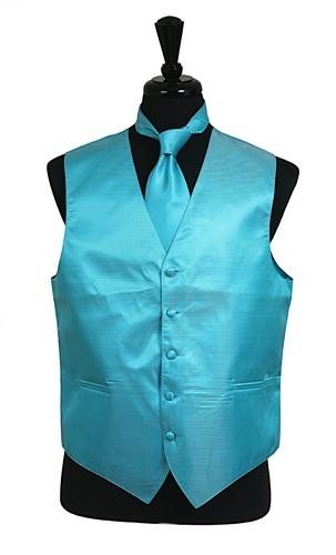 Men's Turquoise Satin Vest with Neck Tie-Men's Vests-ABC Fashion