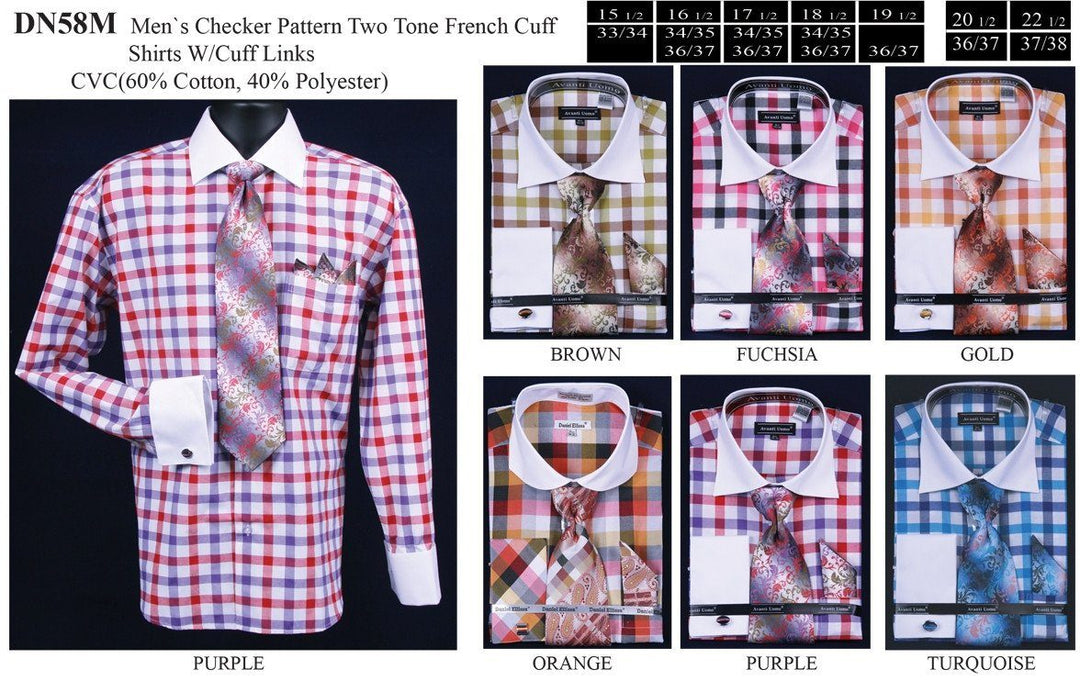 Men's Two Tone Checkered Dress Shirts with Tie, Hanky, Cufflinks-Men's Dress Shirts-ABC Fashion
