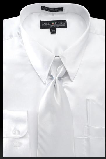 Men's White Satin Dress Shirt with Tie & Handkerchief-Men's Dress Shirts-ABC Fashion