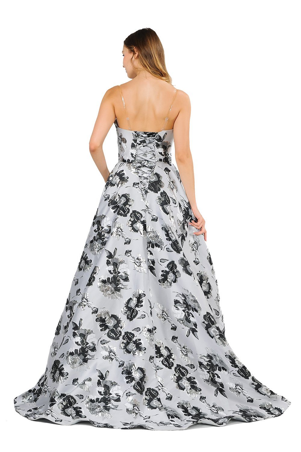 Metallic Floral Print Long Strapless Dress by Poly USA 8484-Long Formal Dresses-ABC Fashion