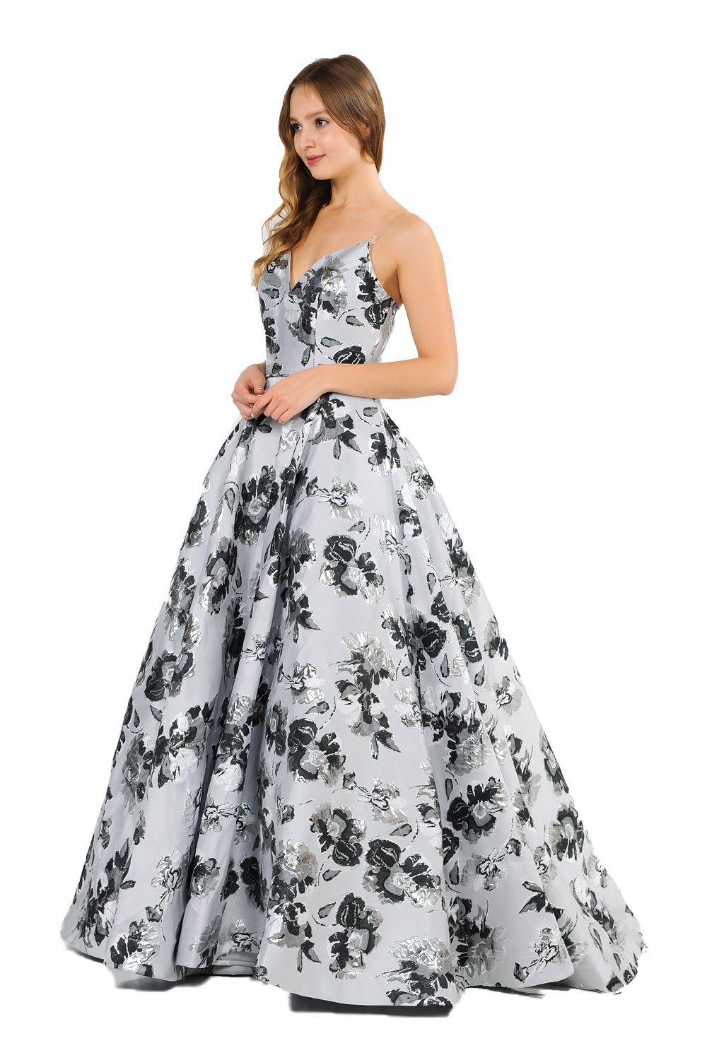 Metallic Floral Print Long Strapless Dress by Poly USA 8484-Long Formal Dresses-ABC Fashion