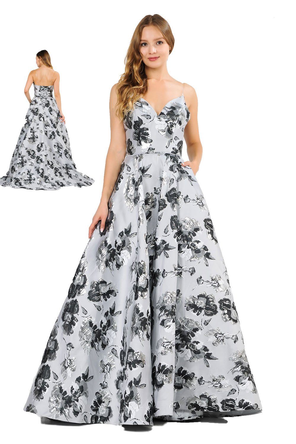 Metallic Floral Print Long Strapless Dress by Poly USA 8484-Long Formal Dresses-ABC Fashion