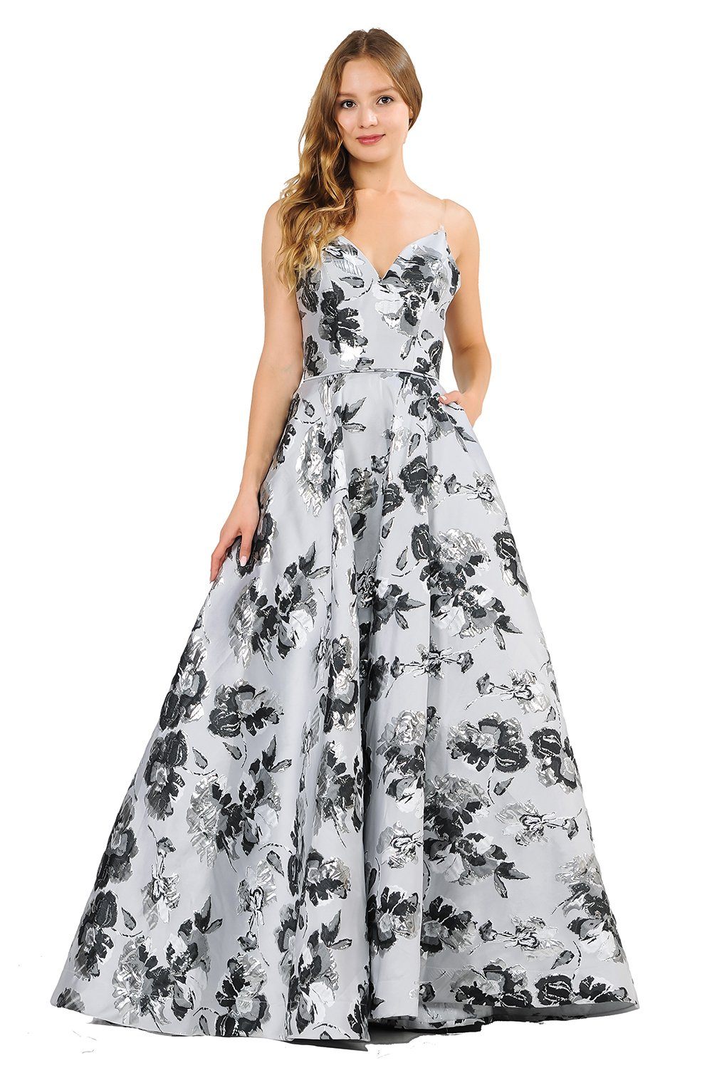 Metallic Floral Print Long Strapless Dress by Poly USA 8484-Long Formal Dresses-ABC Fashion