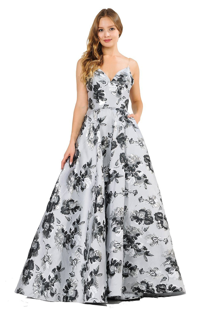 Metallic Floral Print Long Strapless Dress by Poly USA 8484-Long Formal Dresses-ABC Fashion