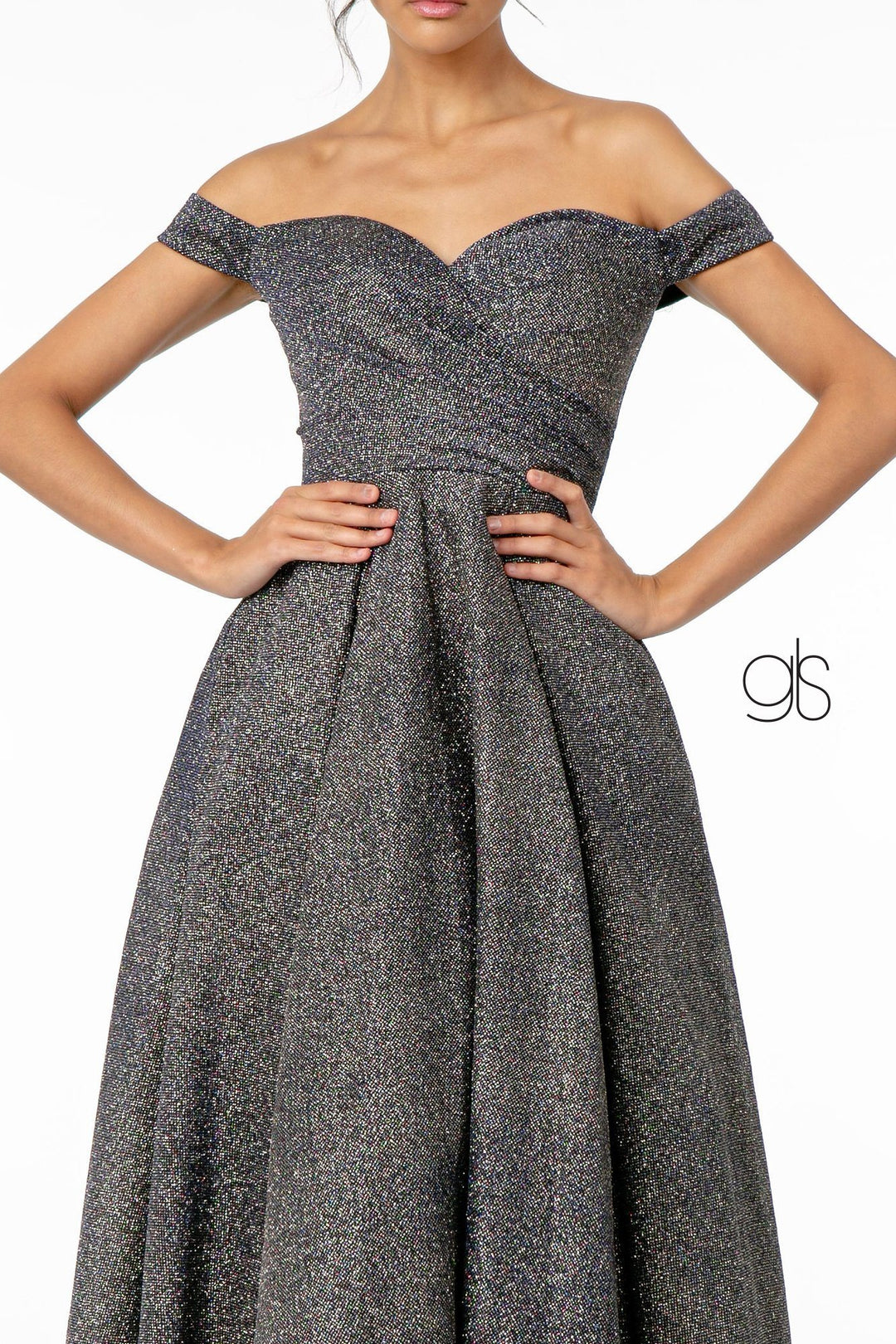 Metallic Glitter Long Off Shoulder Dress by Elizabeth K GL1827