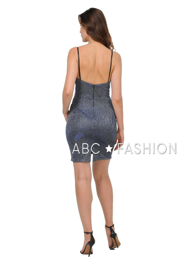 Metallic Glitter Short Deep V-Neck Dress by Poly USA 8218-Short Cocktail Dresses-ABC Fashion