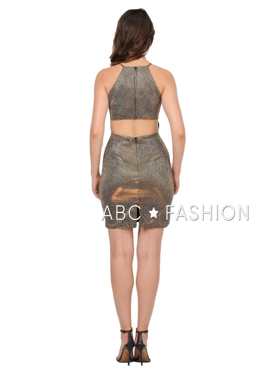 Metallic Glitter Short High-Neck Dress with Cutout Back by Poly USA 8214-Short Cocktail Dresses-ABC Fashion