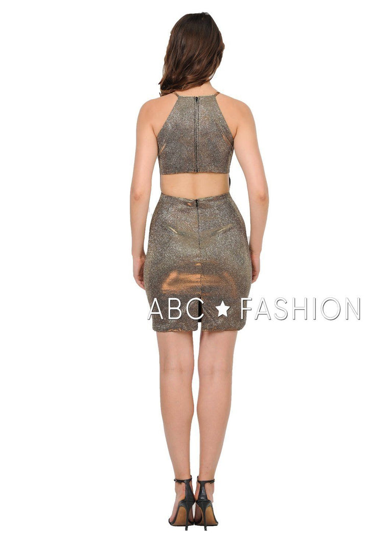 Metallic Glitter Short High-Neck Dress with Cutout Back by Poly USA 8214-Short Cocktail Dresses-ABC Fashion