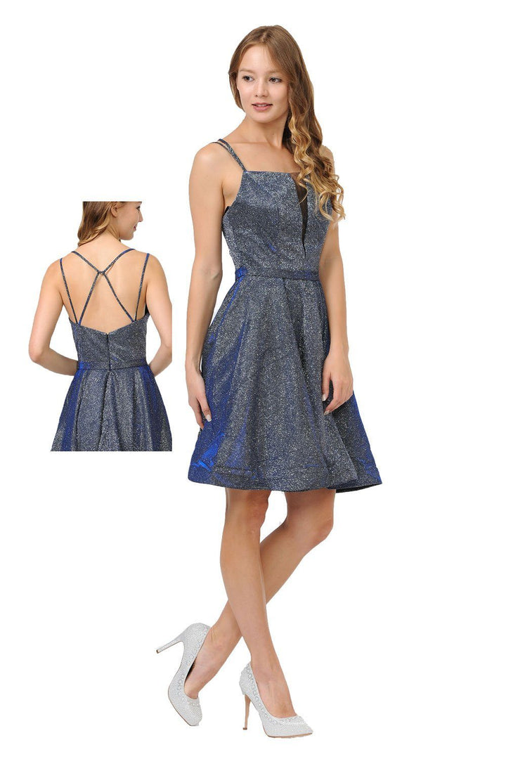 Metallic Glitter Short Illusion Dress with Side Pockets by Poly USA 8442-Short Cocktail Dresses-ABC Fashion
