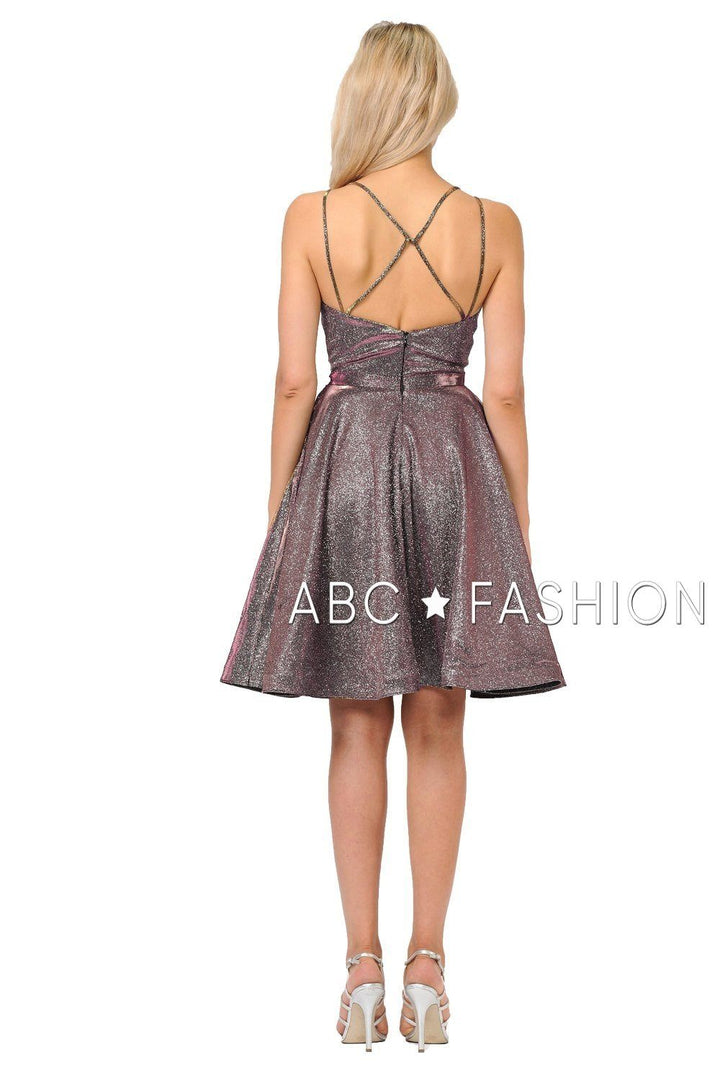 Metallic Glitter Short Illusion Dress with Side Pockets by Poly USA 8442-Short Cocktail Dresses-ABC Fashion