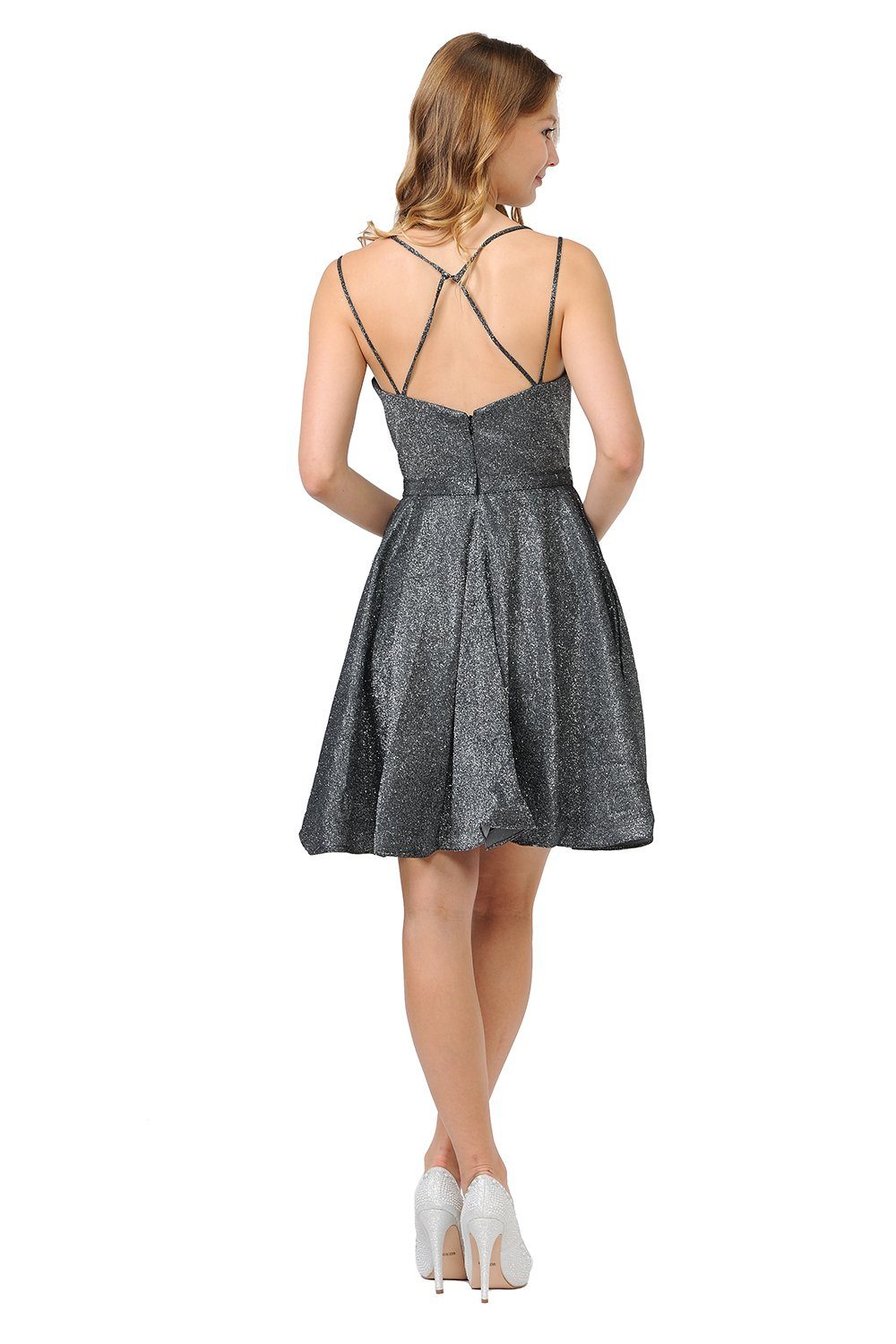 Metallic Glitter Short Illusion Dress with Side Pockets by Poly USA 8442-Short Cocktail Dresses-ABC Fashion