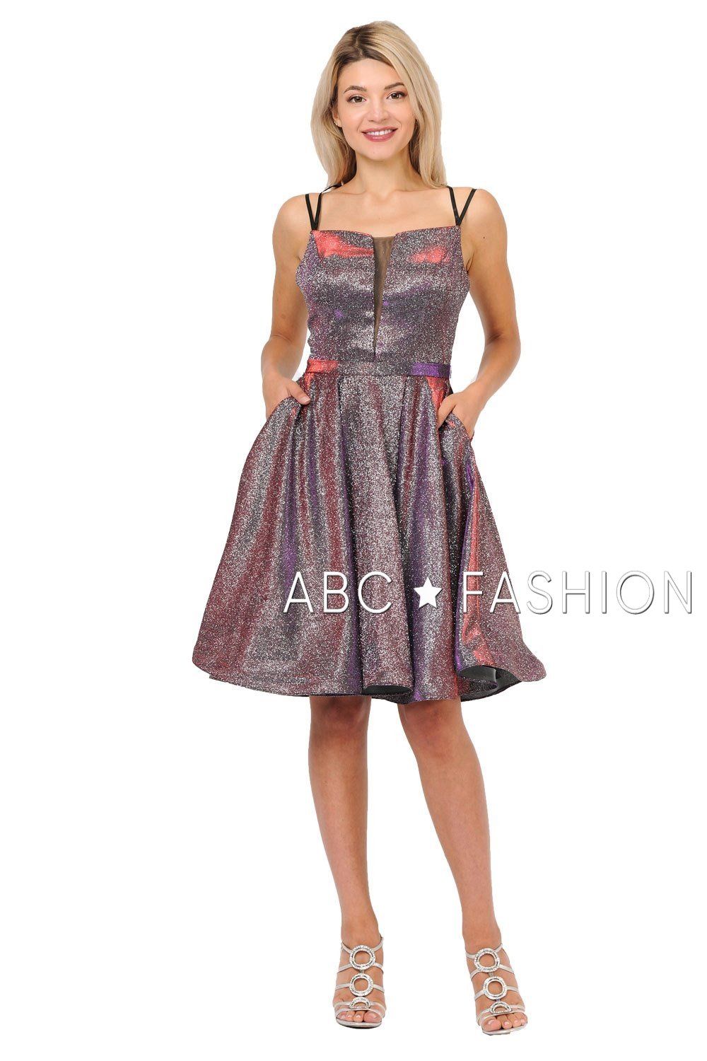 Metallic Glitter Short Illusion Dress with Side Pockets by Poly USA 8442-Short Cocktail Dresses-ABC Fashion