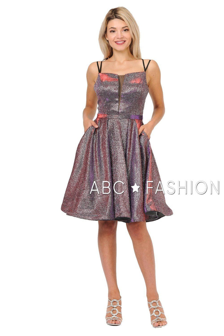 Metallic Glitter Short Illusion Dress with Side Pockets by Poly USA 8442-Short Cocktail Dresses-ABC Fashion