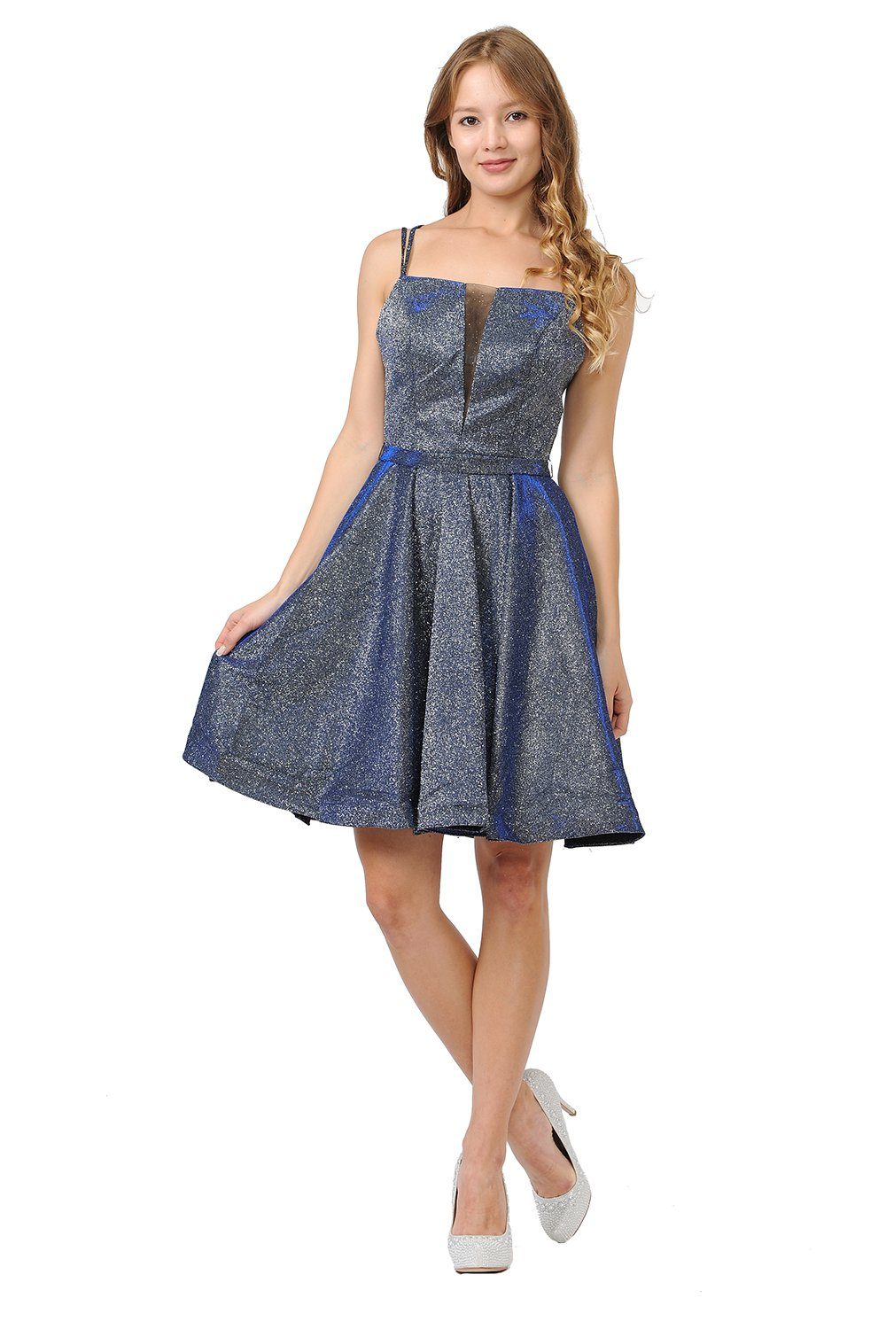 Metallic Glitter Short Illusion Dress with Side Pockets by Poly USA 8442-Short Cocktail Dresses-ABC Fashion
