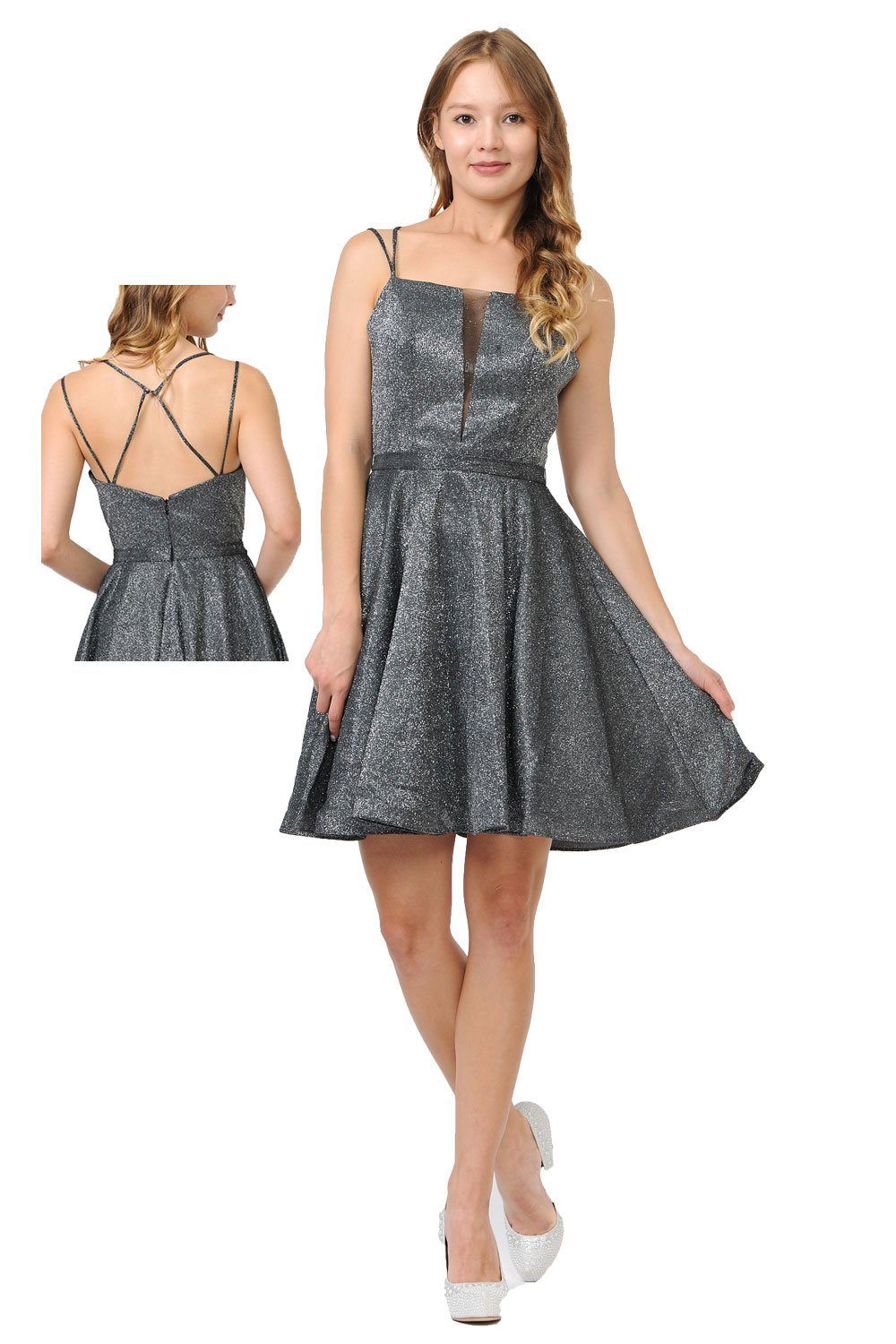 Metallic Glitter Short Illusion Dress with Side Pockets by Poly USA 8442-Short Cocktail Dresses-ABC Fashion