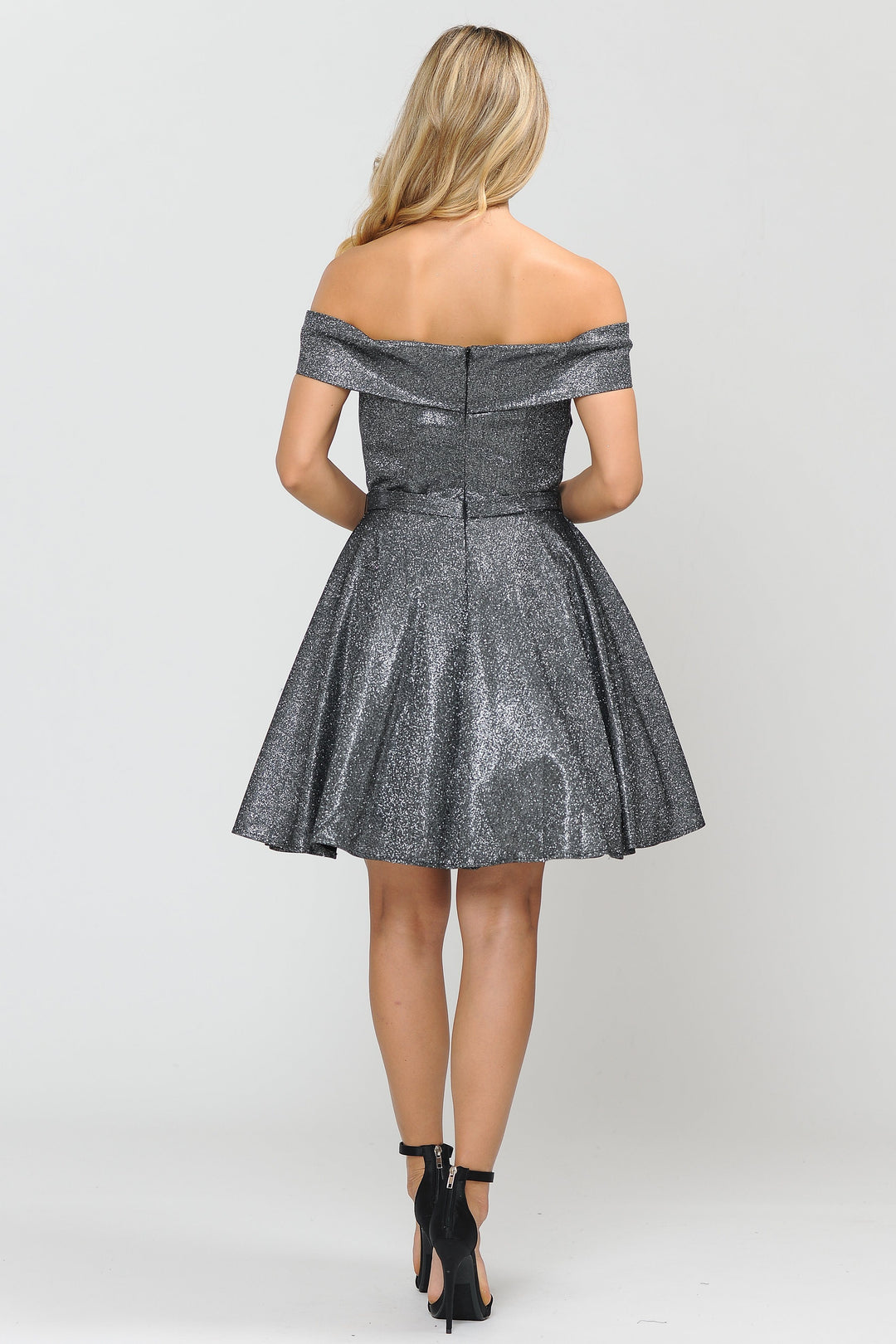 Metallic Glitter Short Off the Shoulder Dress by Poly USA 8356-Short Cocktail Dresses-ABC Fashion