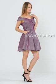 Metallic Glitter Short Off the Shoulder Dress by Poly USA 8356-Short Cocktail Dresses-ABC Fashion