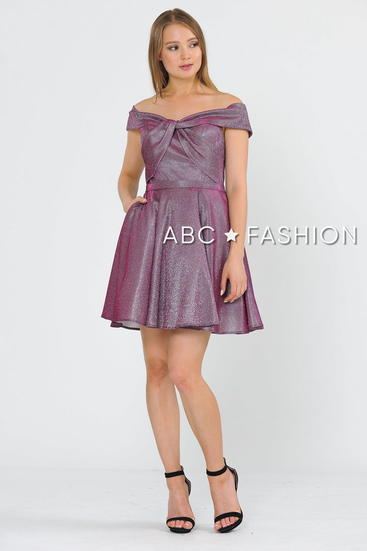 Metallic Glitter Short Off the Shoulder Dress by Poly USA 8356-Short Cocktail Dresses-ABC Fashion