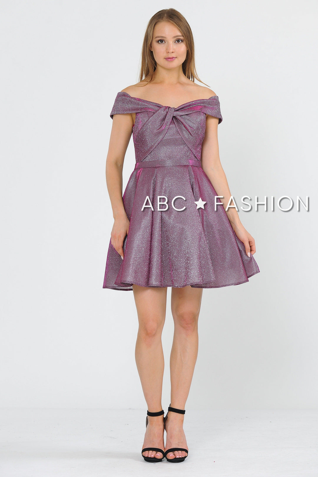 Metallic Glitter Short Off the Shoulder Dress by Poly USA 8356-Short Cocktail Dresses-ABC Fashion