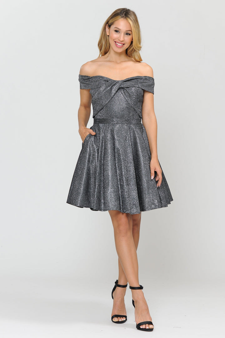 Metallic Glitter Short Off the Shoulder Dress by Poly USA 8356-Short Cocktail Dresses-ABC Fashion