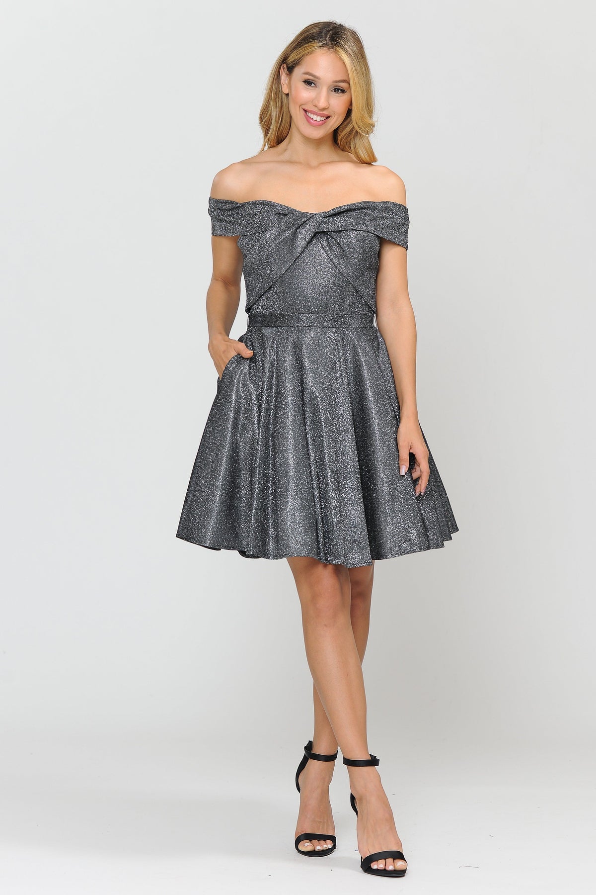 Metallic Glitter Short Off the Shoulder Dress by Poly USA 8356 ABC Fashion Metallic Glitter Short Off the Shoulder Dress by Poly USA 8356 ABC Fashion