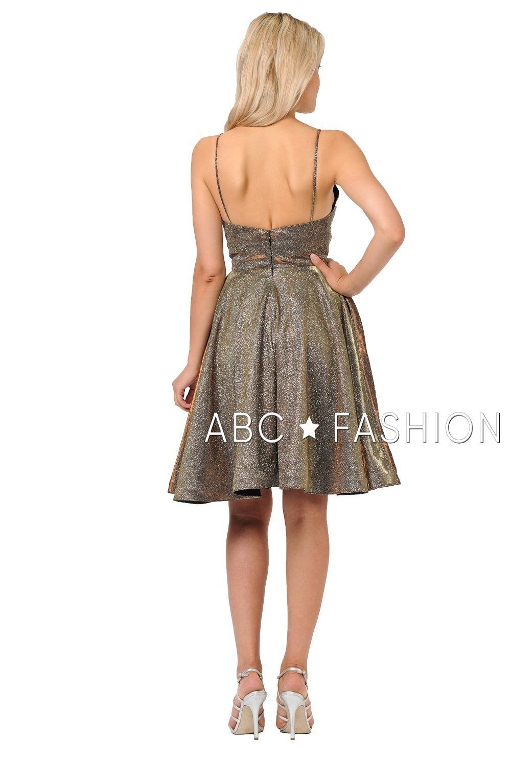 Metallic Glitter Short V-Neck Dress with Side Pockets by Poly USA 8304-Short Cocktail Dresses-ABC Fashion