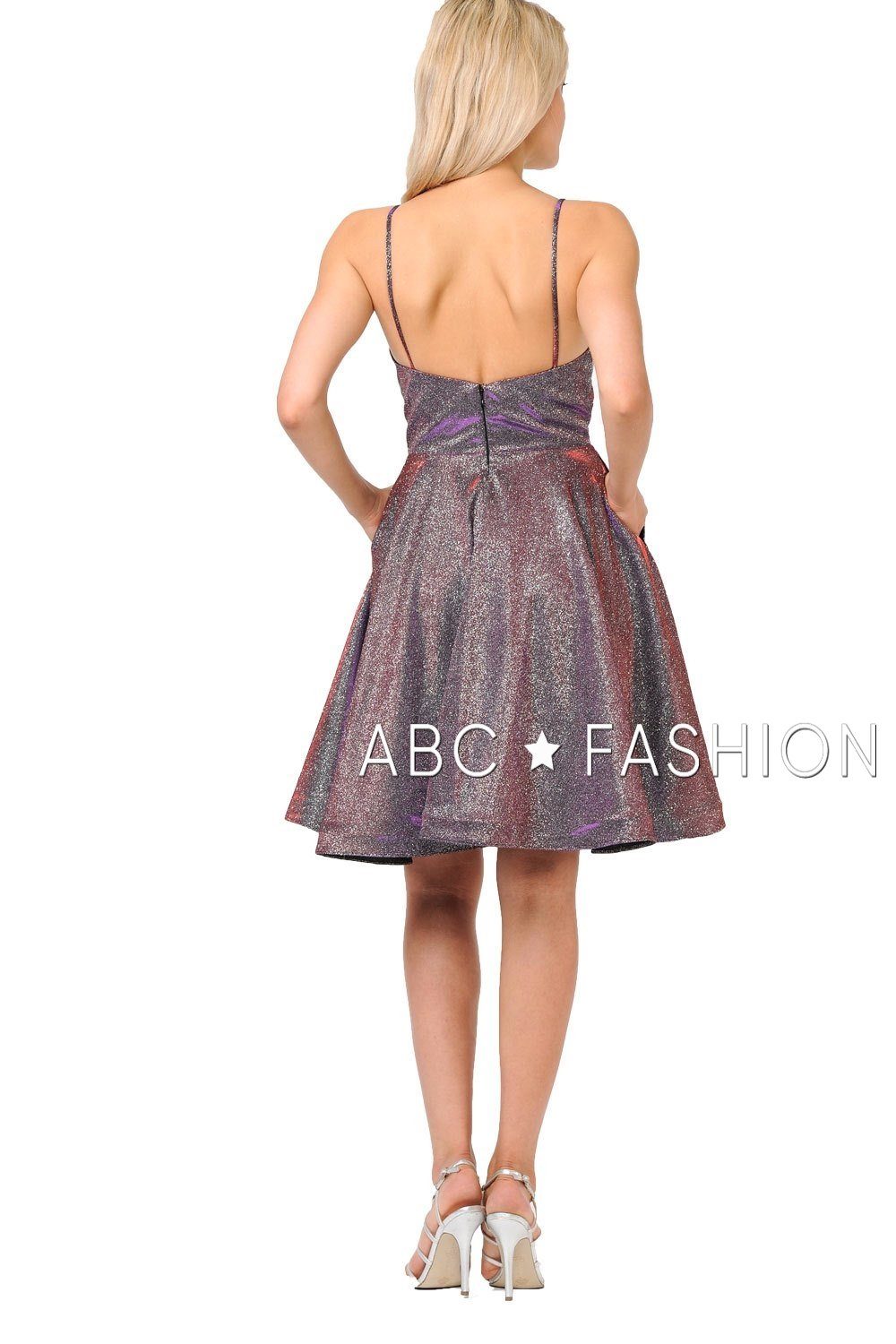 Metallic Glitter Short V-Neck Dress with Side Pockets by Poly USA 8304-Short Cocktail Dresses-ABC Fashion