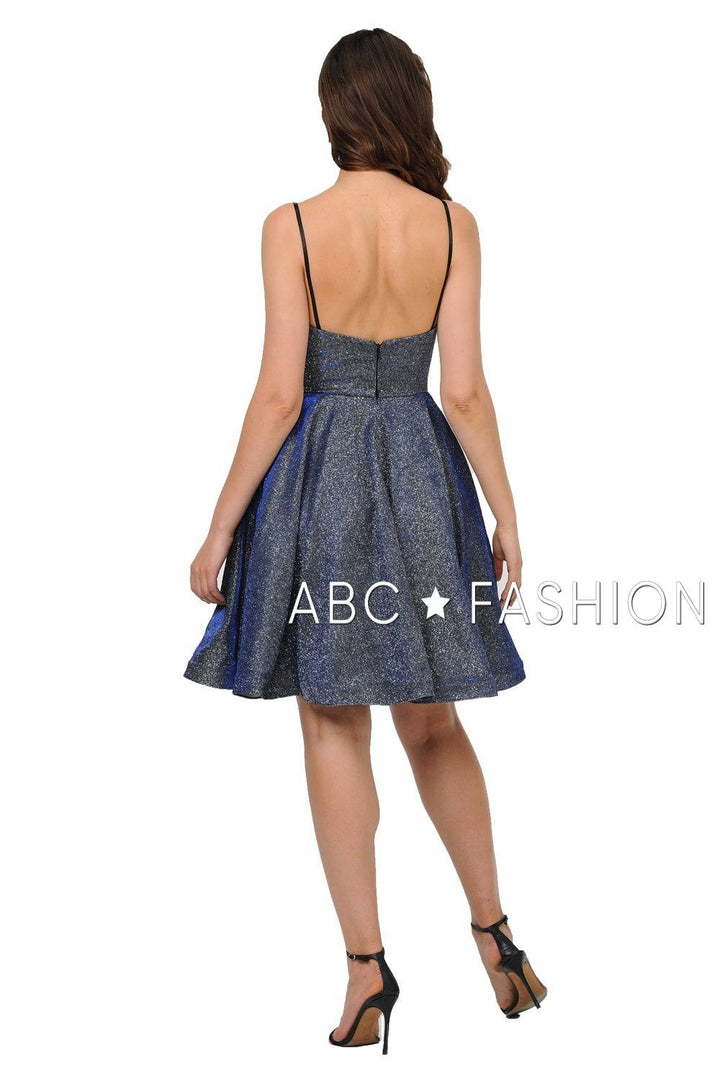 Metallic Glitter Short V-Neck Dress with Side Pockets by Poly USA 8304-Short Cocktail Dresses-ABC Fashion