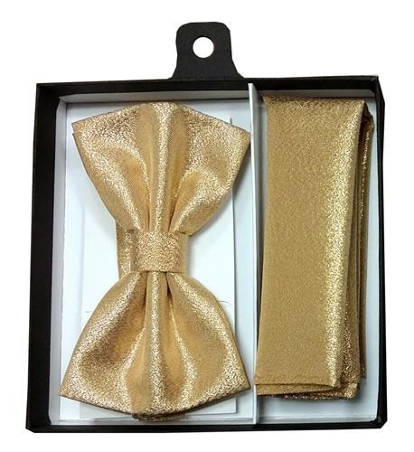 Metallic Gold Bow Tie with Pocket Square (Pointed Tip)-Men's Bow Ties-ABC Fashion