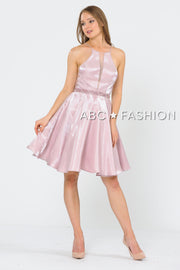 Metallic Knit Short A-Line Knee Length Dress by Poly USA 8236-Short Cocktail Dresses-ABC Fashion