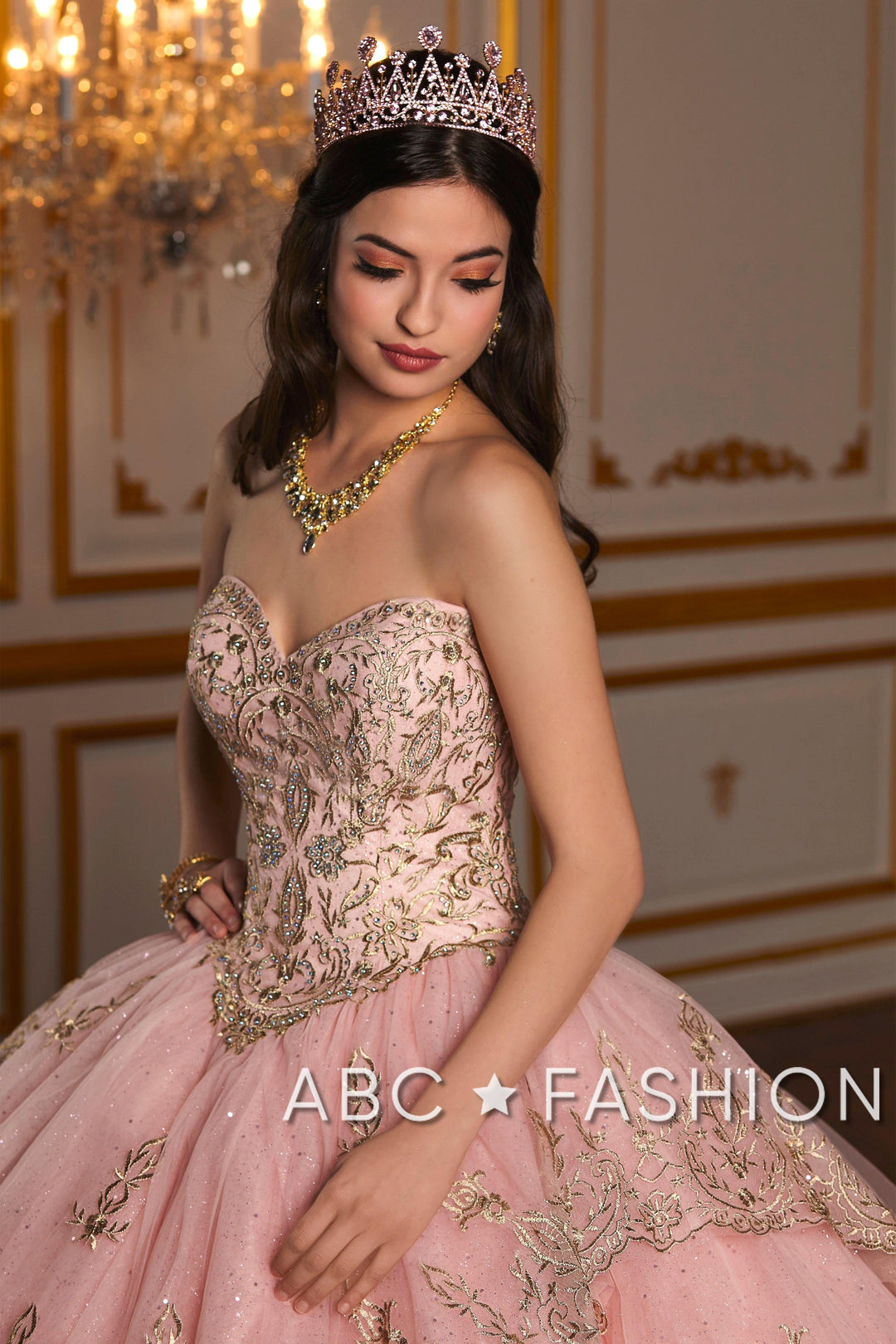 Metallic Lace Strapless Quinceanera Dress by House of Wu 26938-Quinceanera Dresses-ABC Fashion