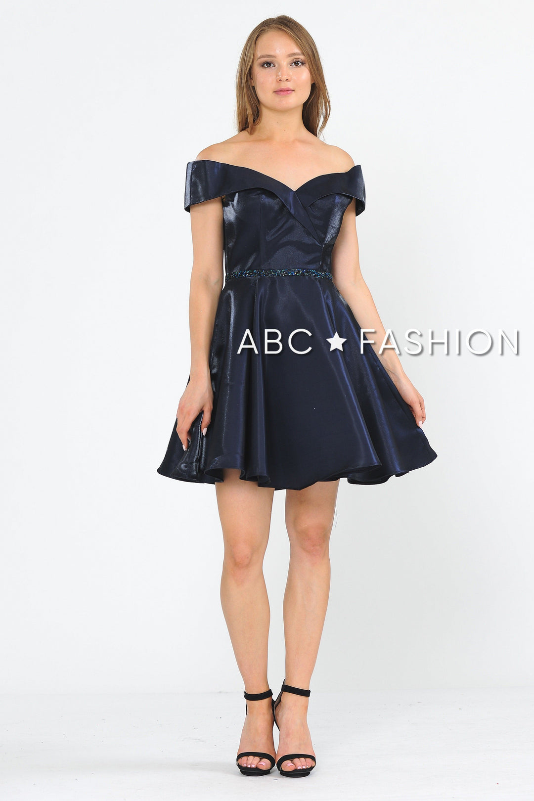 Metallic Short Off the Shoulder Dress by Poly USA 8238-Short Cocktail Dresses-ABC Fashion