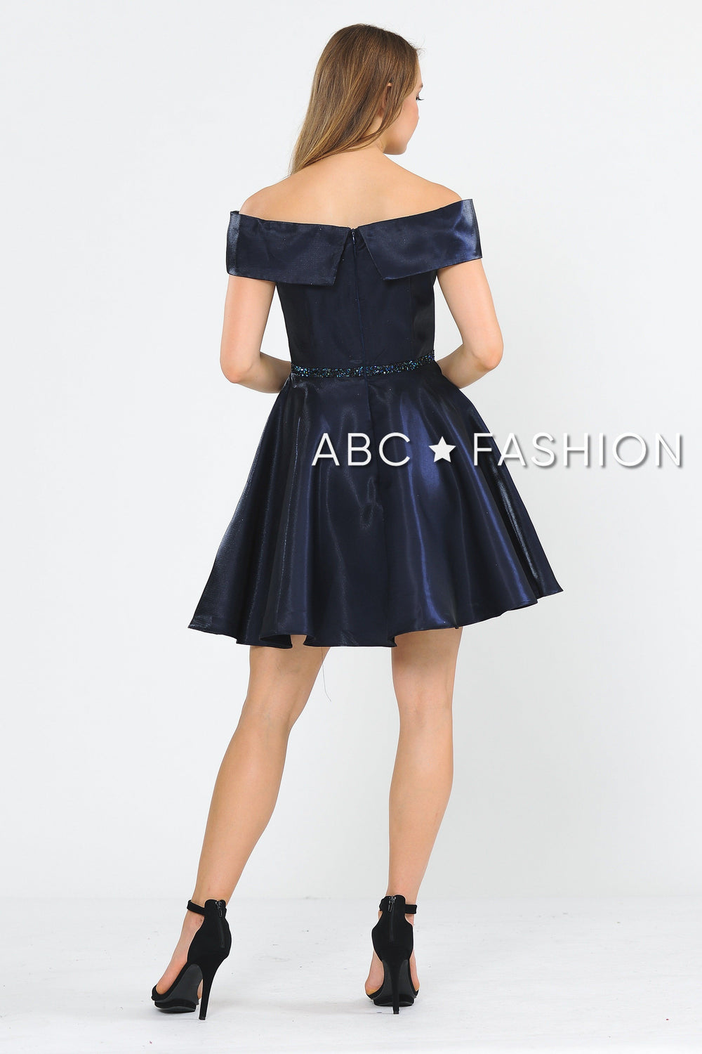 Metallic Short Off the Shoulder Dress by Poly USA 8238-Short Cocktail Dresses-ABC Fashion