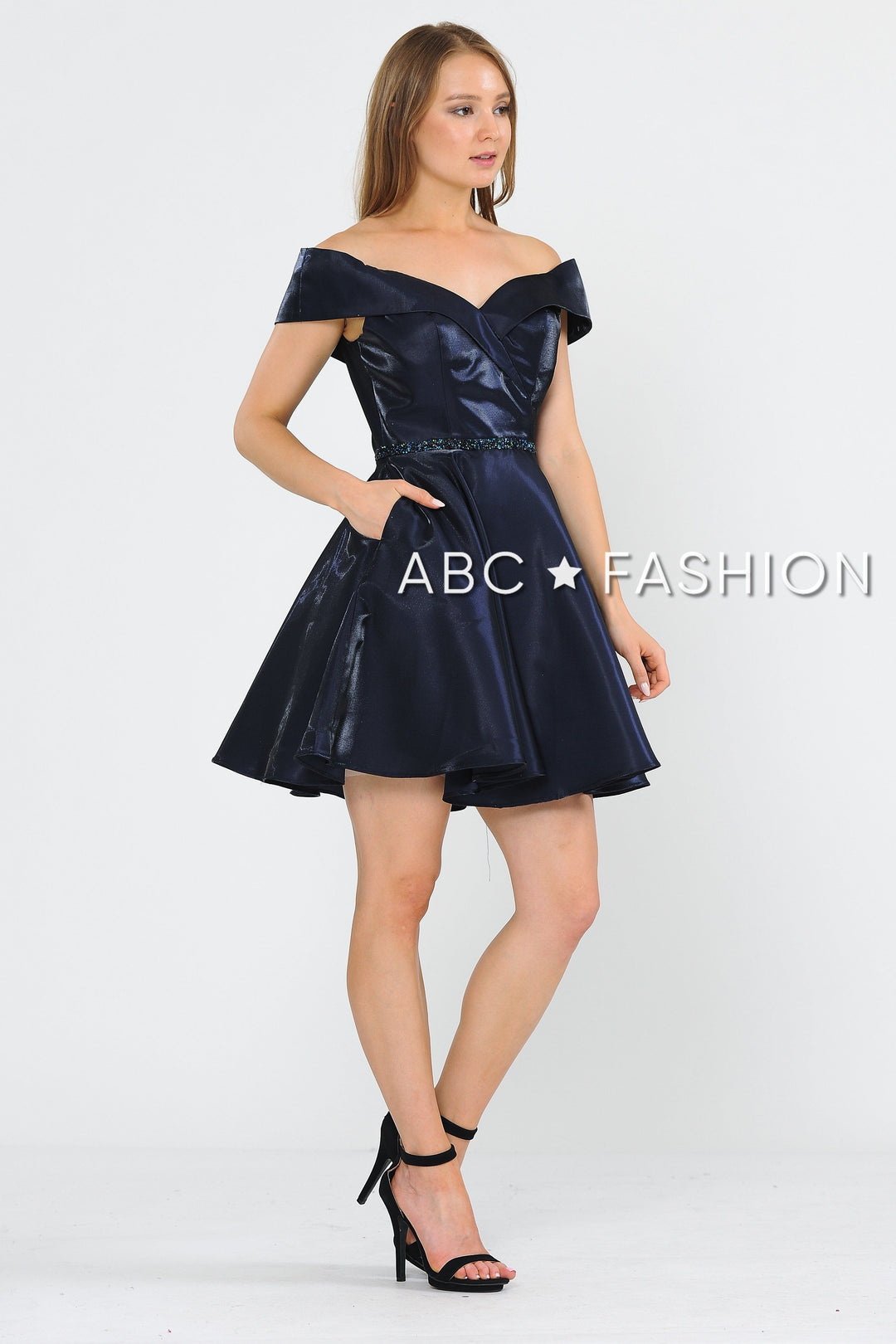 Metallic Short Off the Shoulder Dress by Poly USA 8238-Short Cocktail Dresses-ABC Fashion