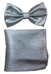 Metallic Silver Bow Tie with Pocket Square (Pointed Tip)-Men's Bow Ties-ABC Fashion