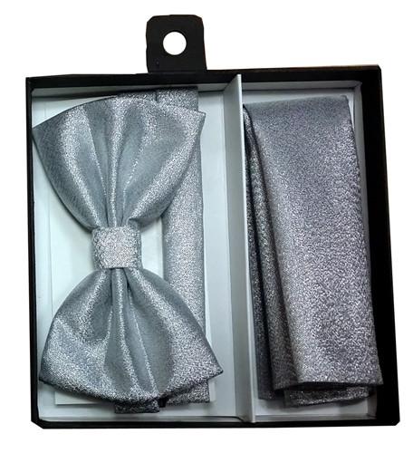 Metallic Silver Bow Tie with Pocket Square (Pointed Tip)-Men's Bow Ties-ABC Fashion