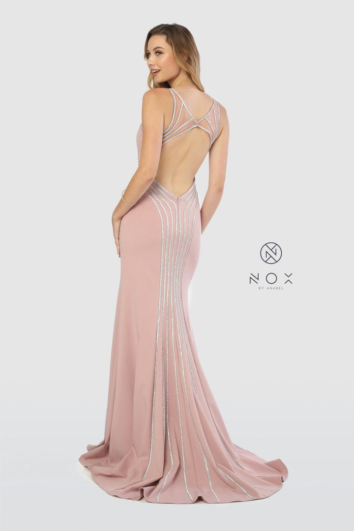 Metallic Striped Gown with Illusion Open Back Cutout by Nox Anabel T253-Long Formal Dresses-ABC Fashion