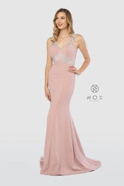 Metallic Striped Gown with Illusion Open Back Cutout by Nox Anabel T253-Long Formal Dresses-ABC Fashion